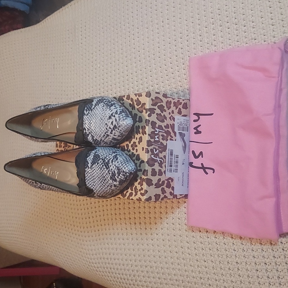 French Sole Josephine Snake Print Heeled Loafers in Black/White NIB